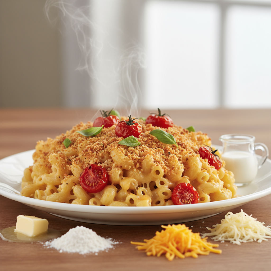 Baked Macaroni and Cheese with Tomato and Panko Topping